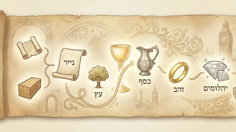 איור מגילה עתיקה המציג תהליך התפתחות של חומרים וערכם: מעץ ונייר, דרך כלי כסף וטבעת זהב, ועד ליהלומים. כולל כיתובים בעברית ליד כל פריט.