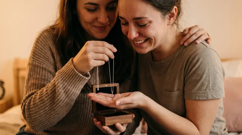 אישה מעניקה שרשרת כסף במתנה לחברה שבוכה דמעות שמחה.