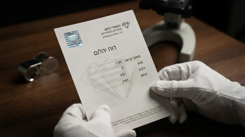 ידיים עטויות כפפות לבנות מחזיקות דוח דירוג יהלום (תעודה גמולוגית) המציג פרטים של יהלום 1.00 קראט, צבע D, וניקיון VS1, על רקע ציוד מעבדה.