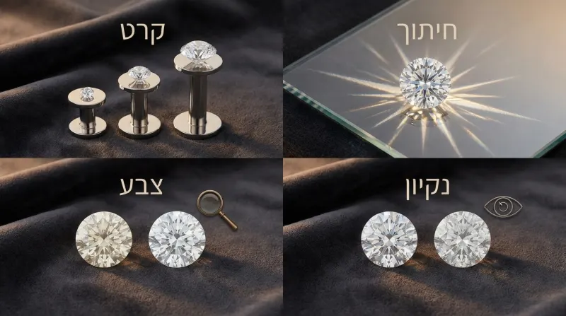 אינפוגרפיקה המציגה את ארבעת הקריטריונים להערכת איכות יהלומים (ארבעת ה-C): גודל הקרט, איכות החיתוך, דירוג הצבע ורמת הניקיון.