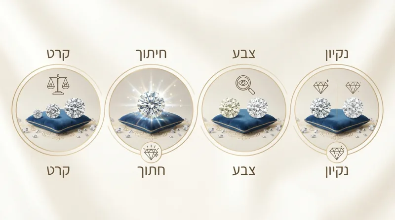 אינפוגרפיקה המציגה את ארבעת ה-C להערכת איכות יהלומים: קרט, חיתוך, צבע ונקיון, עם דוגמאות ויזואליות.