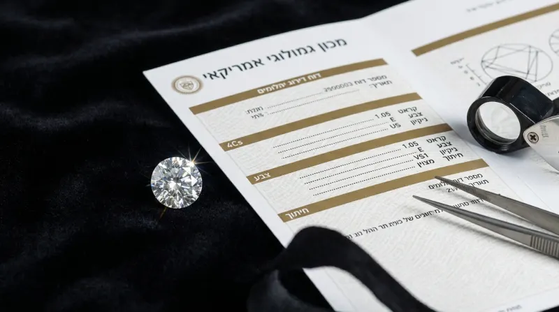 יהלום מלוטש לצד תעודת דירוג גמולוגית של ה-GIA בעברית, זכוכית מגדלת ופינצטה לבדיקת יהלומים