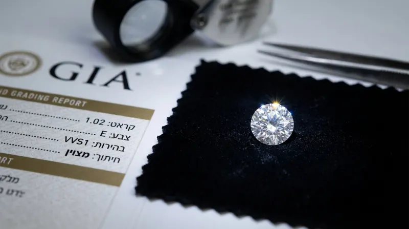 בדיקת יהלום עם תעודת GIA, זכוכית מגדלת ופינצטה כחלק מתהליך דירוג והערכת יהלומים