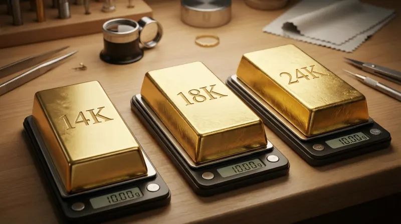 שקילת מטילי זהב בדרגות טוהר שונות: 14K, 18K ו-24K על משקלים דיגיטליים על שולחן צורף