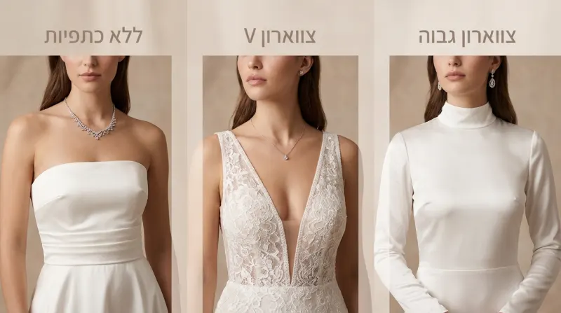 מדריך התאמת תכשיטים לסוגי מחשופים שונים: שמלת סטרפלס עם שרשרת דומיננטית, שמלת מחשוף V עם תליון עדין, ושמלת צווארון גבוה עם עגילים תלויים.