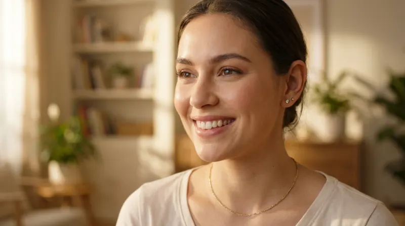 אישה צעירה מחייכת עם שרשרת זהב דקה ועגילי יהלום קטנים בסלון מואר