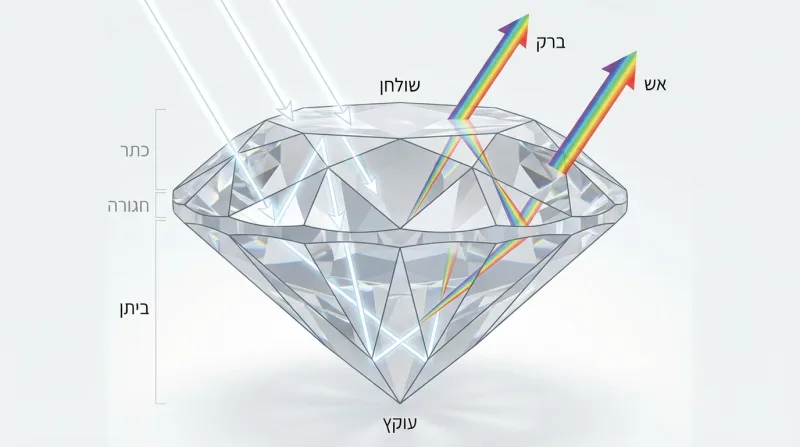 דיאגרמה המציגה את חלקי היהלום (כתר, חגורה, ביתן, עוקץ, שולחן) ואת אופן שבירת האור היוצר ברק ואש, כחלק מהסבר על איכות החיתוך.