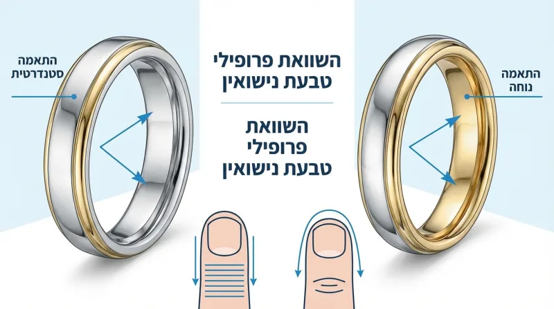 השוואת פרופילי טבעות נישואין: התאמה סטנדרטית מול התאמה נוחה, עם הסבר ויזואלי על אצבע.