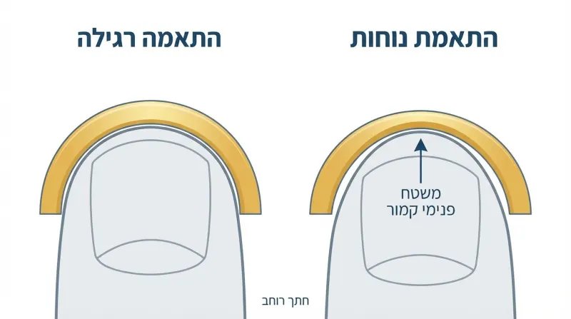 תרשים השוואה המציג חתך רוחב של אצבע עם טבעת בהתאמה רגילה לעומת טבעת בהתאמת נוחות בעלת משטח פנימי קמור.