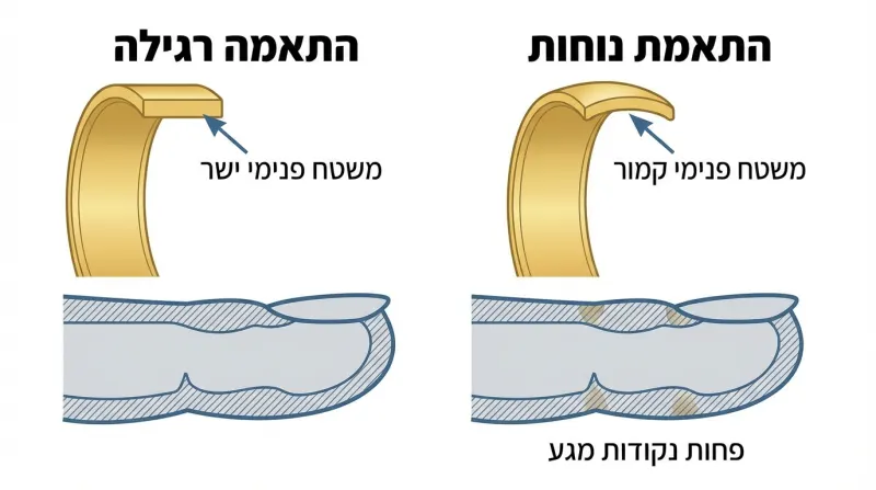 השוואה חזותית בין טבעת התאמה רגילה (Standard Fit) לטבעת התאמת נוחות (Comfort Fit) והשפעתן על האצבע.