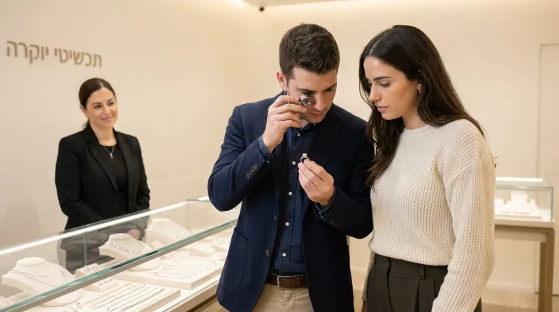 גבר בוחן טבעת אירוסין עם לופה בחנות תכשיטי יוקרה, כשבת זוגו מביטה בו.