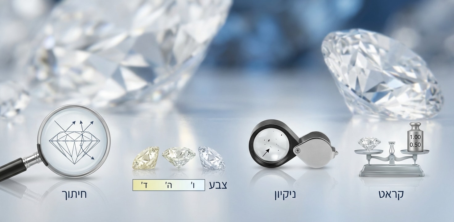 אינפוגרפיקה הממחישה את ארבעת הפרמטרים להערכת יהלומים (4C's): חיתוך (Cut) עם הדגמת החזרת אור בזכוכית מגדלת, צבע (Color) עם סולם דרגות (D, H, I) ושלושה יהלומים בצבעים שונים, ניקיון (Clarity) עם לופת תכשיטנים המראה פגמים, וקראט (Carat) עם משקל מאזניים ויהלום.