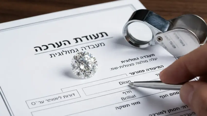יהלום עגול מונח על תעודת הערכה גמולוגית בעברית, לצד לופת תכשיטנים ויד שמחזיקה עט
