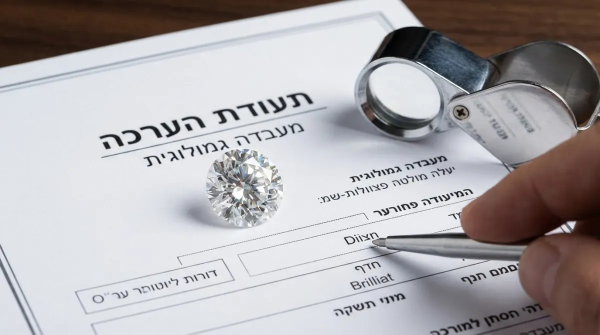 יהלום עגול מונח על תעודת הערכה גמולוגית בעברית, לצד לופת תכשיטנים ויד שמחזיקה עט