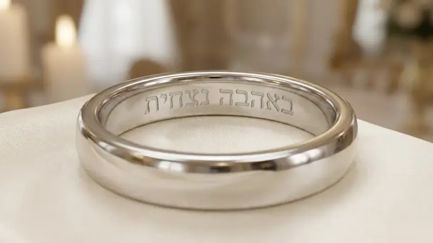 טבעת נישואין כסופה עם חריטה בעברית 'באהבה נצחית' מונחת על בד לבן.